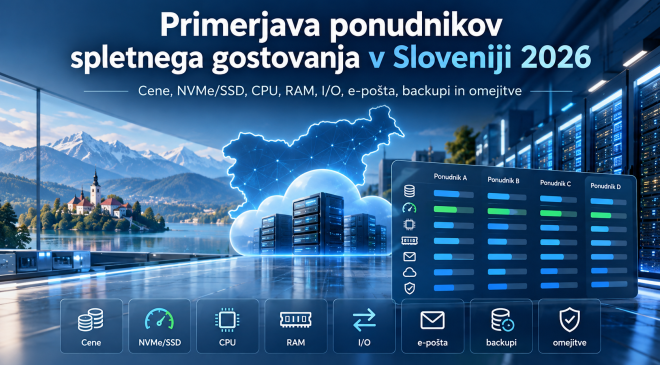 Primerjava ponudnikov spletnega gostovanja v Sloveniji 2026 – cene, NVMe SSD, CPU, RAM, I/O, e-pošta, varnostne kopije in omejitve
