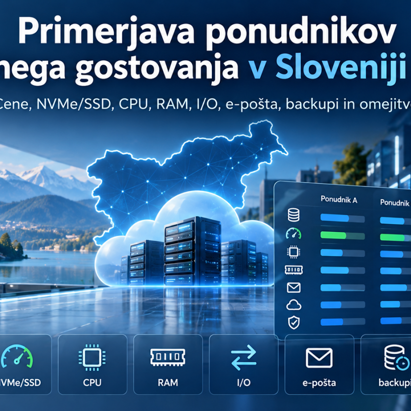 Primerjava ponudnikov spletnega gostovanja v Sloveniji 2026 – cene, NVMe SSD, CPU, RAM, I/O, e-pošta, varnostne kopije in omejitve