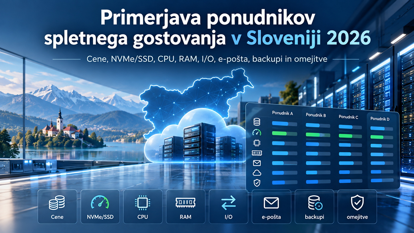 Primerjava ponudnikov spletnega gostovanja v Sloveniji 2026 – cene, NVMe SSD, CPU, RAM, I/O, e-pošta, varnostne kopije in omejitve